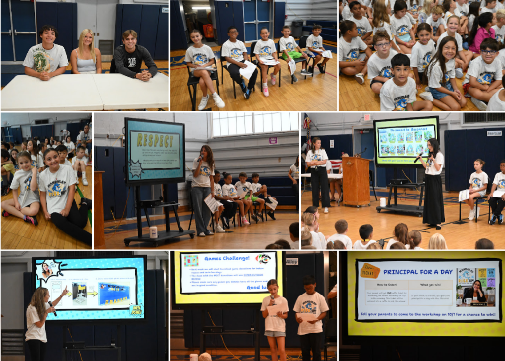 A collage of nine photos showing students participating in a school presentation or science fair, with speakers at podiums and large screens displaying project information.
